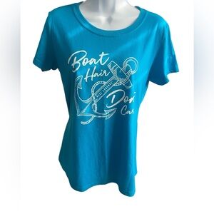 Reel Legends Bright Blue Boat Hair Don't care short sleeve tee M